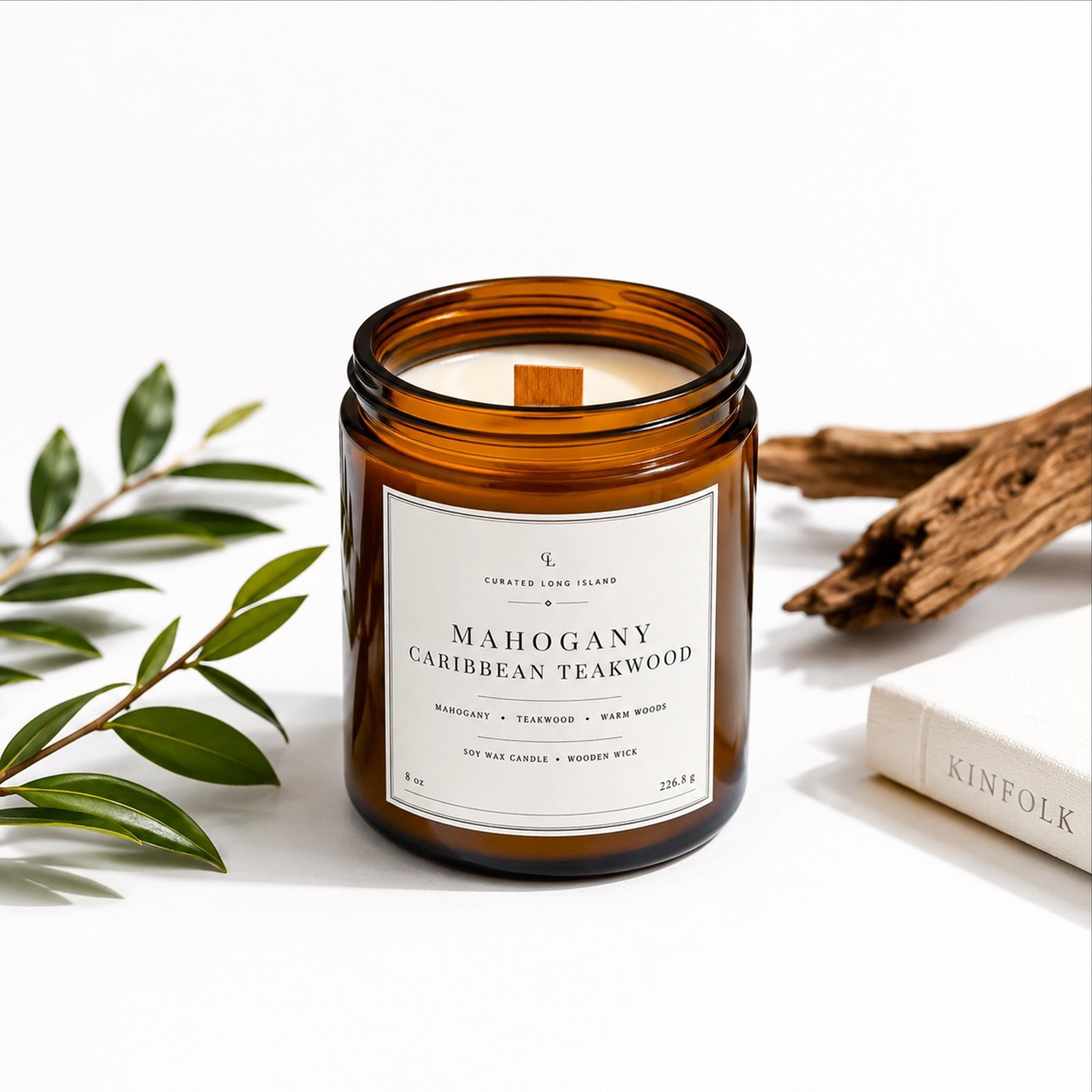 Mahogany Caribbean Teakwood Candle, woody hand-poured soy candle (8 oz) by Curated Long Island