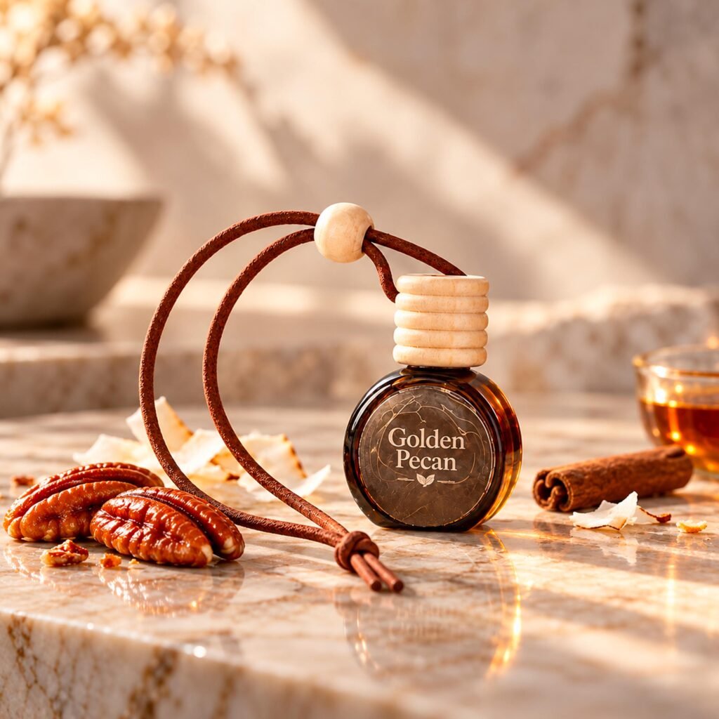Golden Pecan car diffuser in a rounded amber glass bottle with a wood cap and brown cord, beside pecans and cinnamon