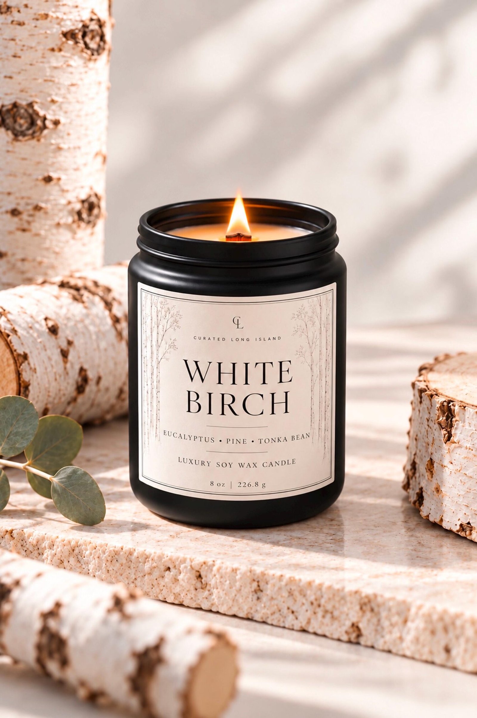 White Birch candle burning in a matte black vessel beside birch logs and pinecones